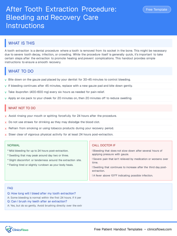 After Tooth Extraction Procedure: Bleeding and Recovery Care Instructions - patient handout preview