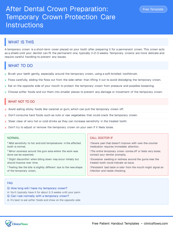 After Dental Crown Preparation: Temporary Crown Protection Care Instructions - patient handout preview