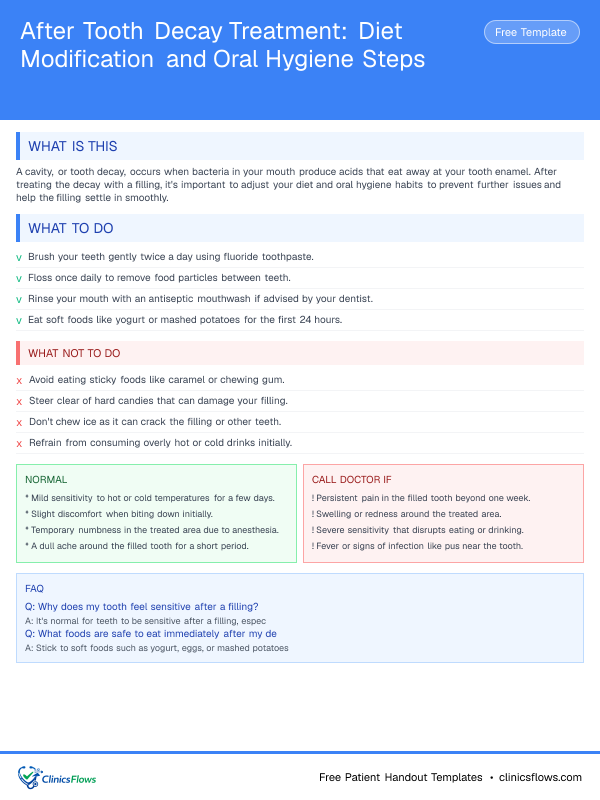 After Tooth Decay Treatment: Diet Modification and Oral Hygiene Steps - patient handout preview