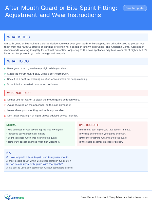 After Mouth Guard or Bite Splint Fitting: Adjustment and Wear Instructions - patient handout preview