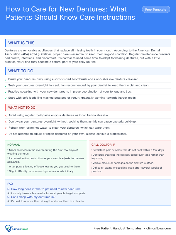 How to Care for New Dentures: What Patients Should Know Care Instructions - patient handout preview