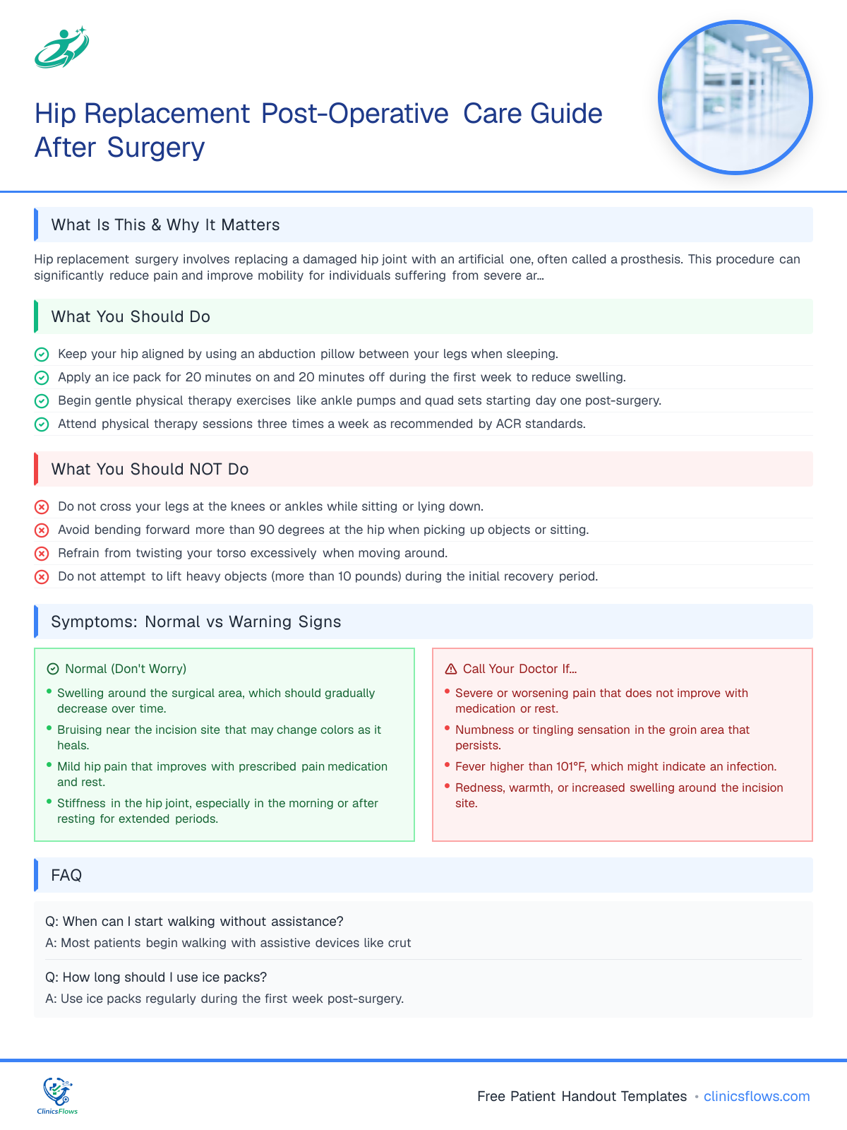 Hip Replacement Post-Operative Care Guide After Surgery - patient handout preview