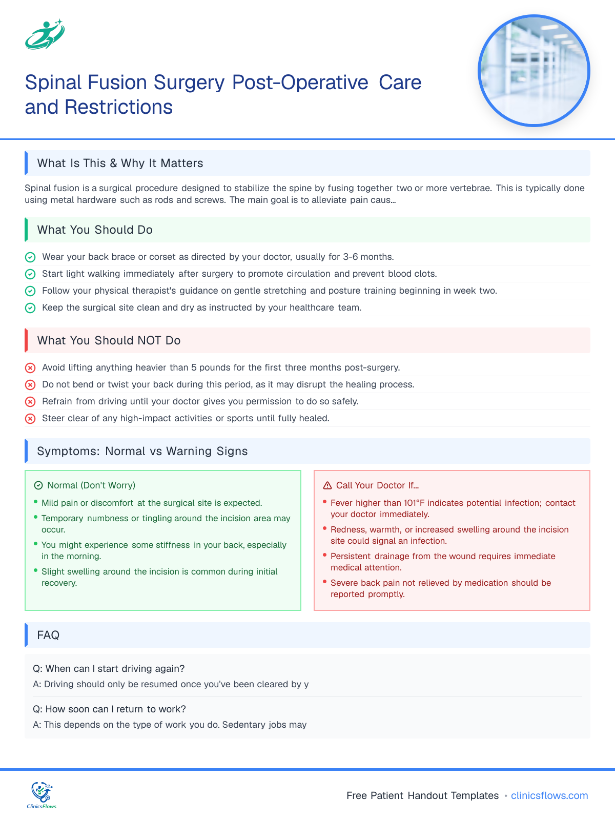 Spinal Fusion Surgery Post-Operative Care and Restrictions - patient handout preview
