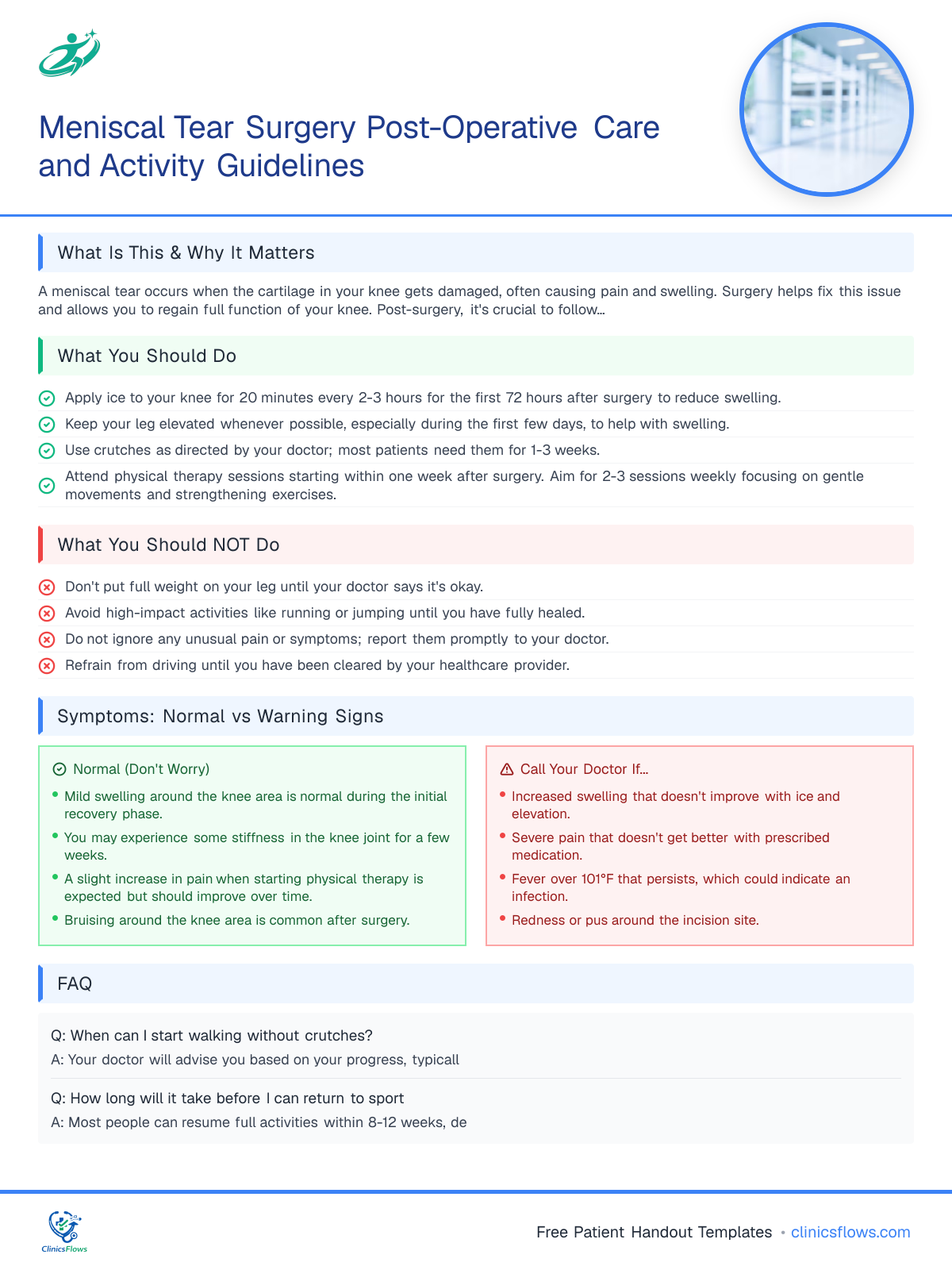 Meniscal Tear Surgery Post-Operative Care and Activity Guidelines - patient handout preview