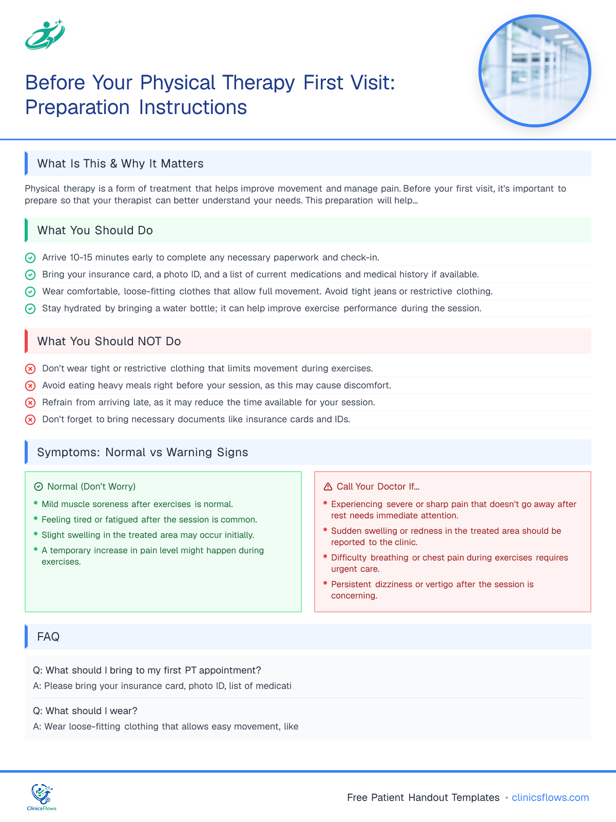 Before Your Physical Therapy First Visit: Preparation Instructions - patient handout preview