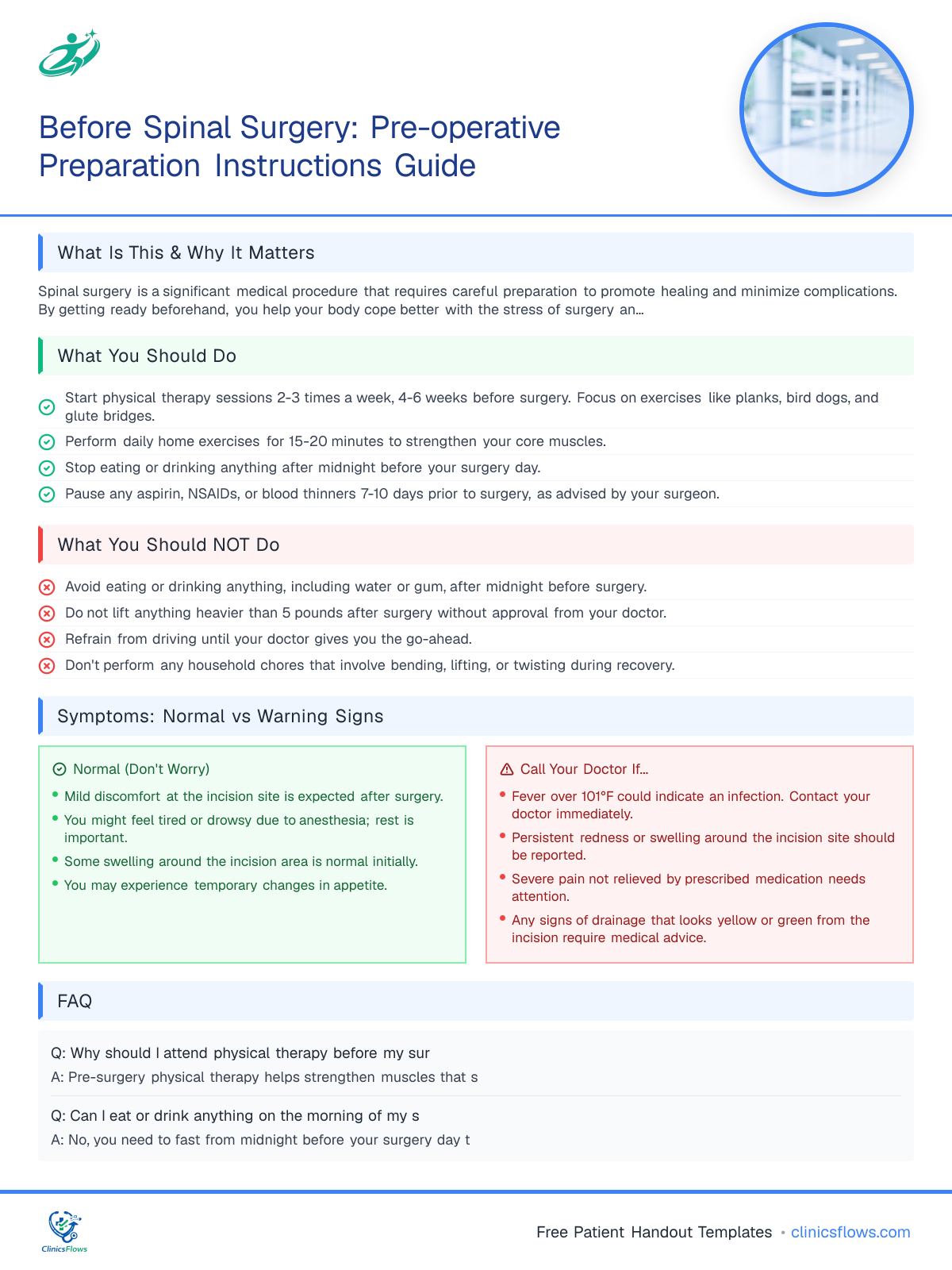 Before Spinal Surgery: Pre-operative Preparation Instructions Guide - patient handout preview