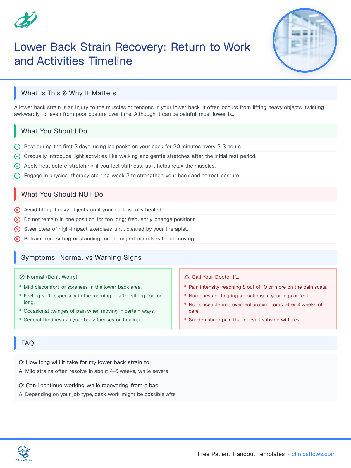 Lower Back Strain Recovery: Return to Work and Activities Timeline - patient handout preview