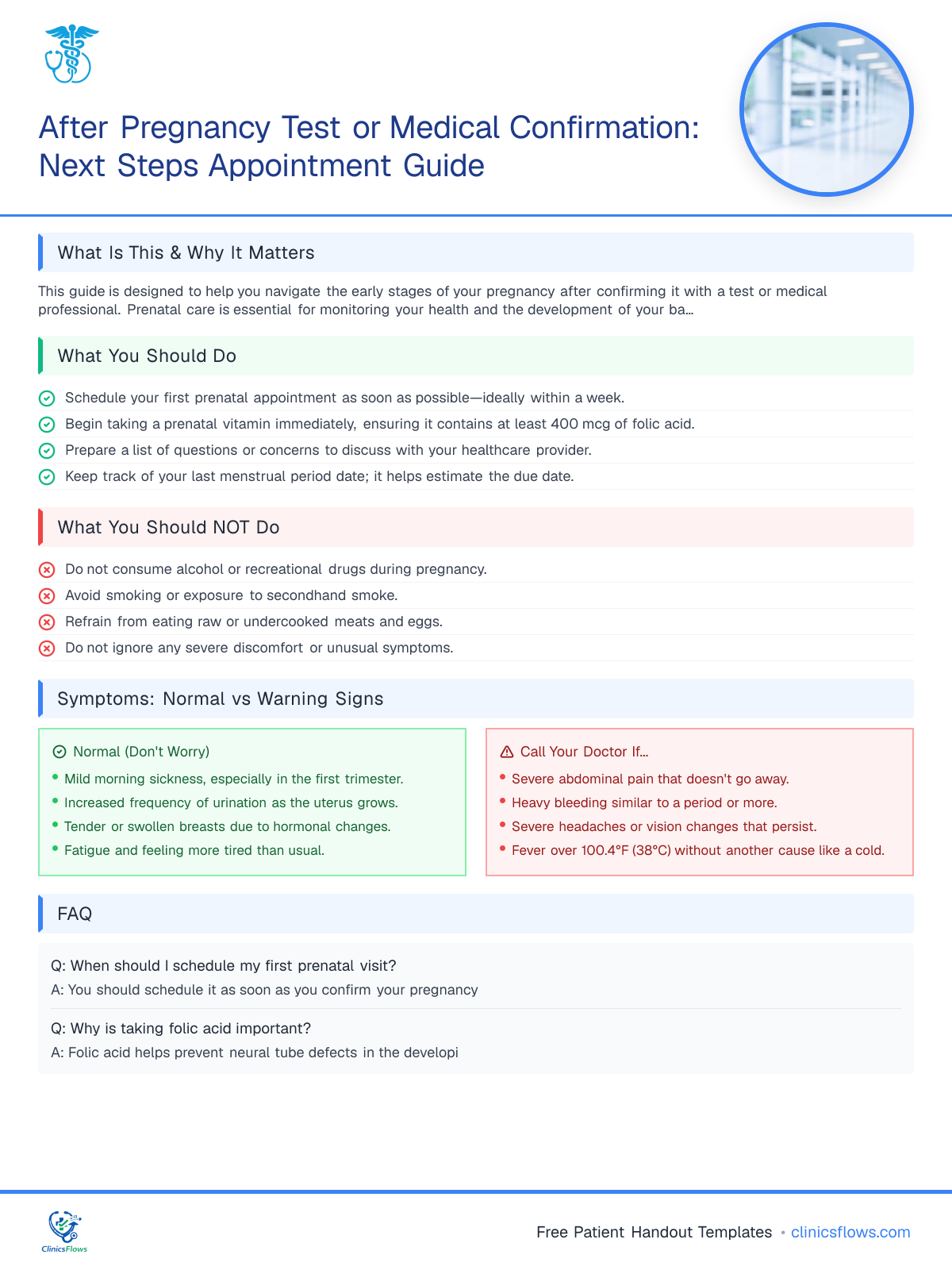 After Pregnancy Test or Medical Confirmation: Next Steps Appointment Guide - patient handout preview