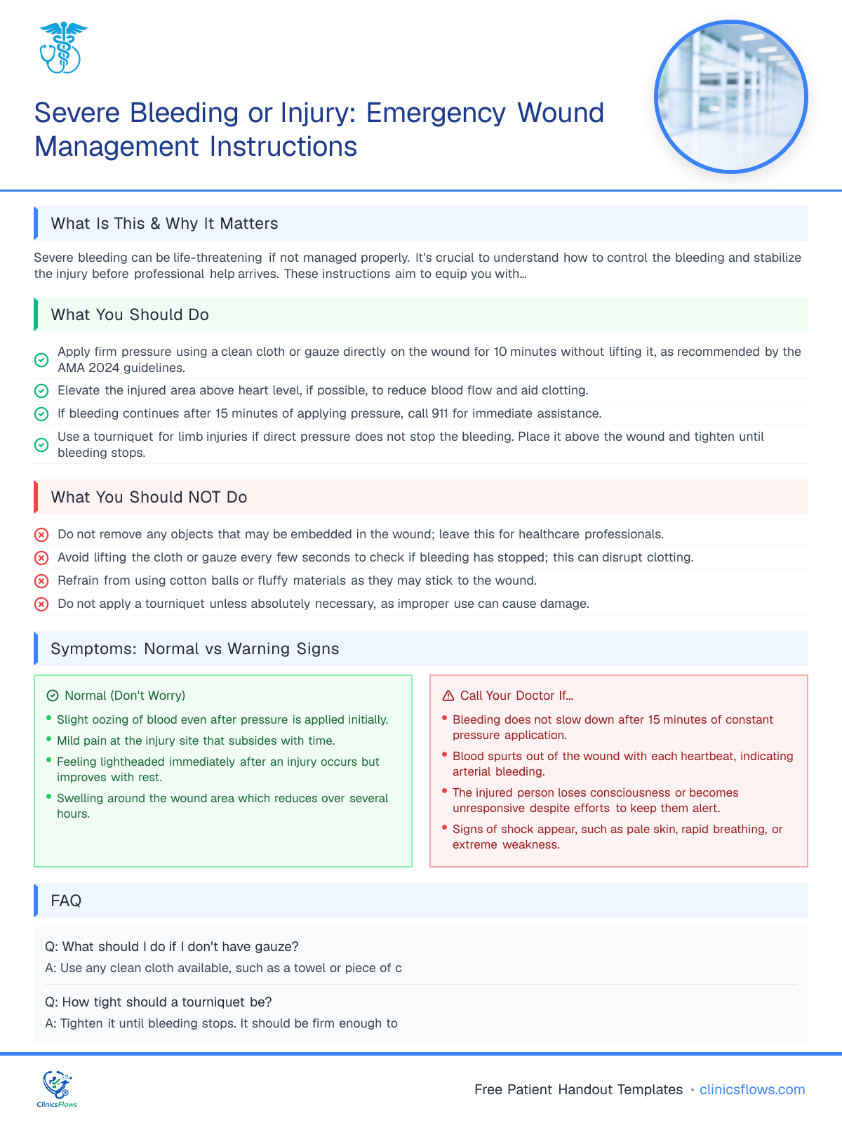 Severe Bleeding or Injury: Emergency Wound Management Instructions - patient handout preview