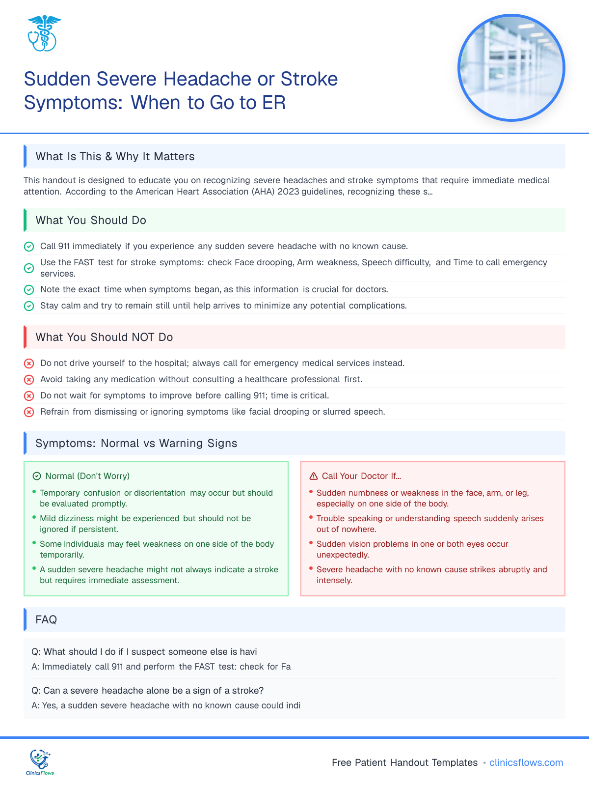 Sudden Severe Headache or Stroke Symptoms: When to Go to ER - patient handout preview