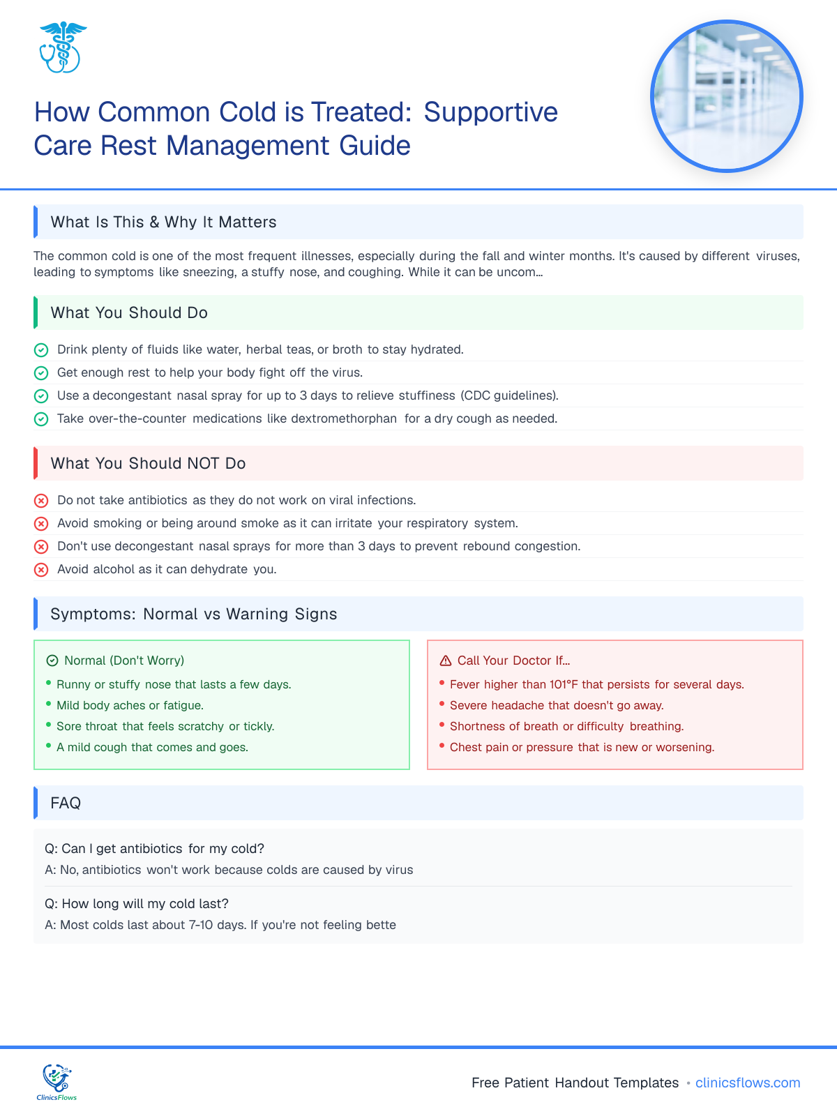 How Common Cold is Treated: Supportive Care Rest Management Guide - patient handout preview