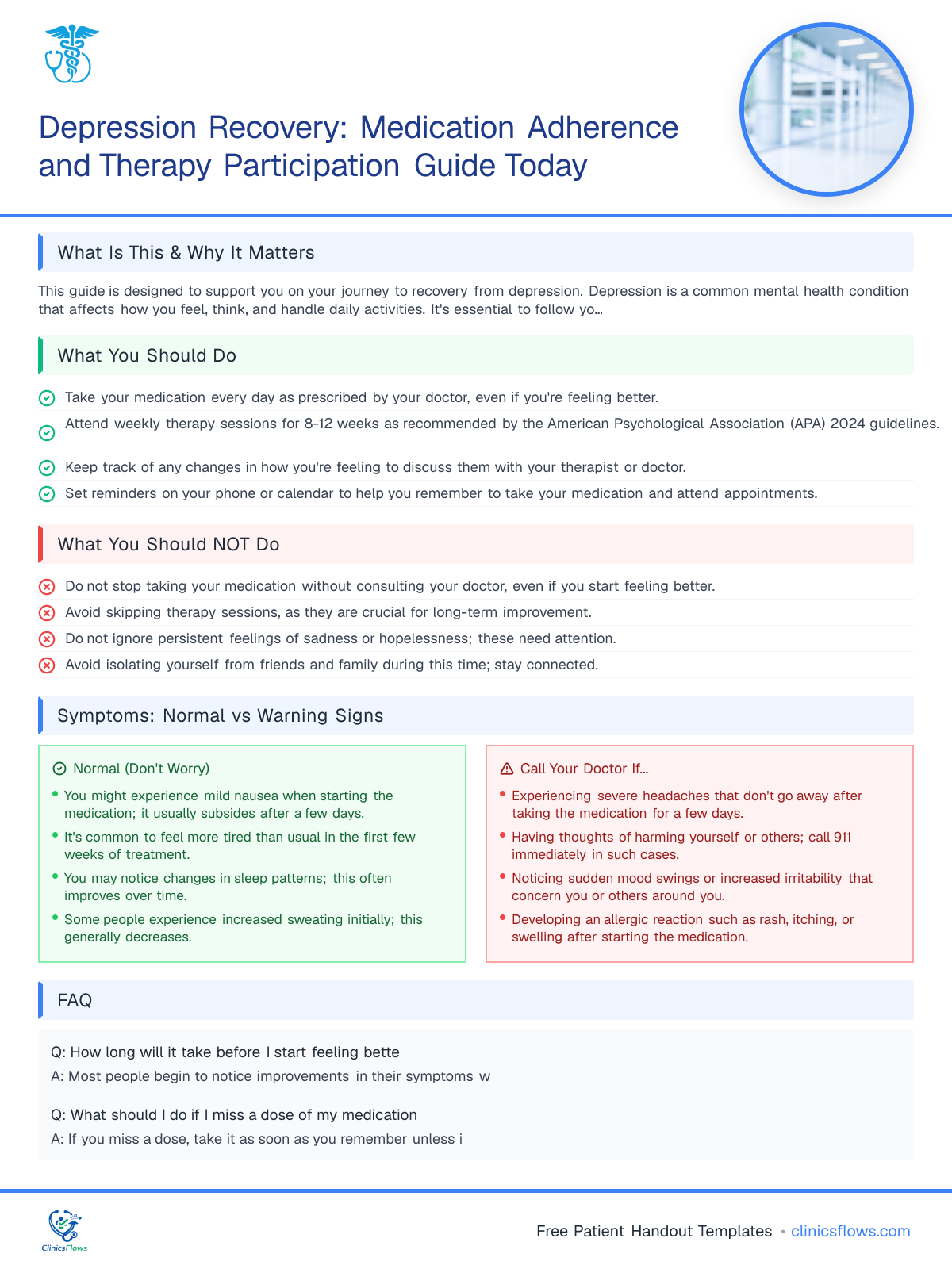 Depression Recovery: Medication Adherence and Therapy Participation Guide Today - patient handout preview