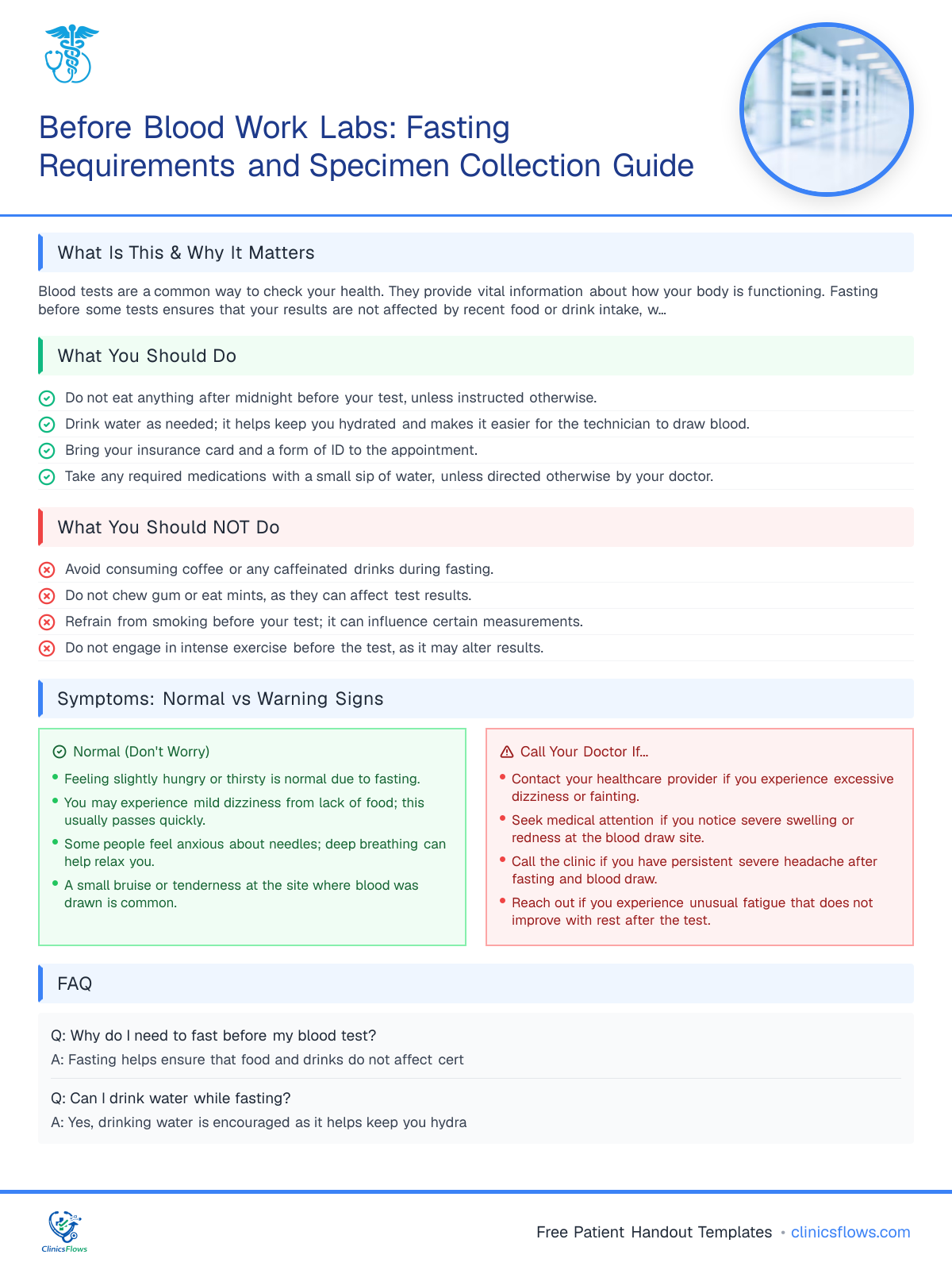 Before Blood Work Labs: Fasting Requirements and Specimen Collection Guide - patient handout preview