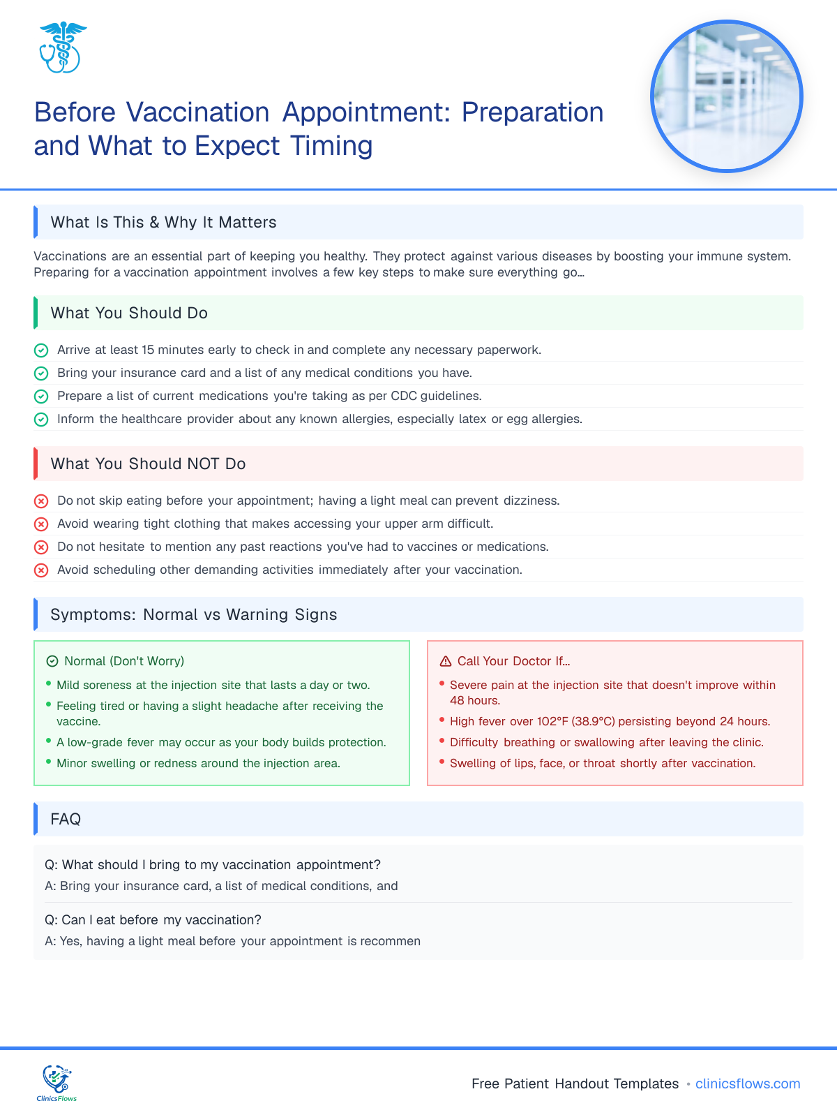 Before Vaccination Appointment: Preparation and What to Expect Timing - patient handout preview