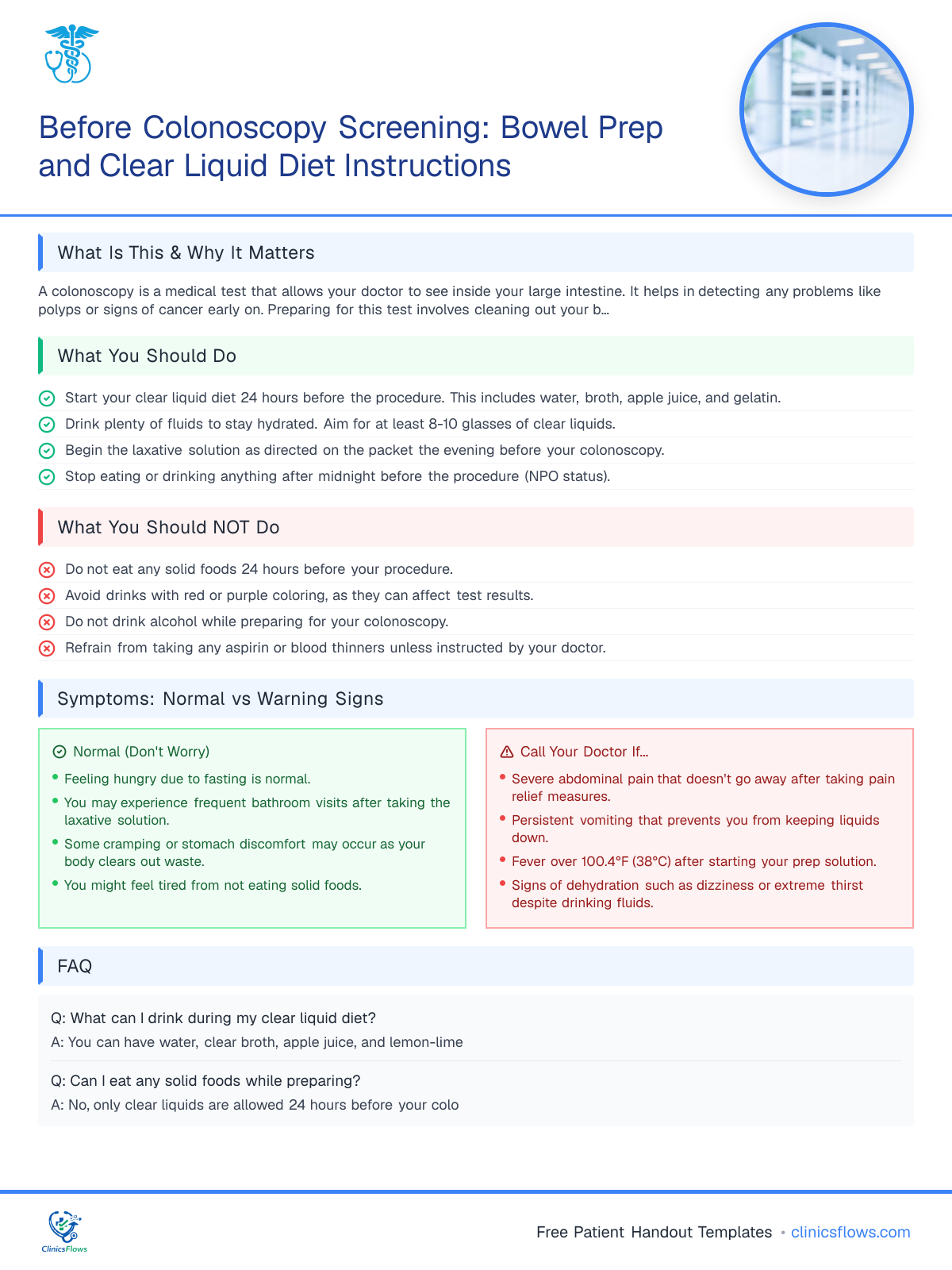 Before Colonoscopy Screening: Bowel Prep and Clear Liquid Diet Instructions - patient handout preview