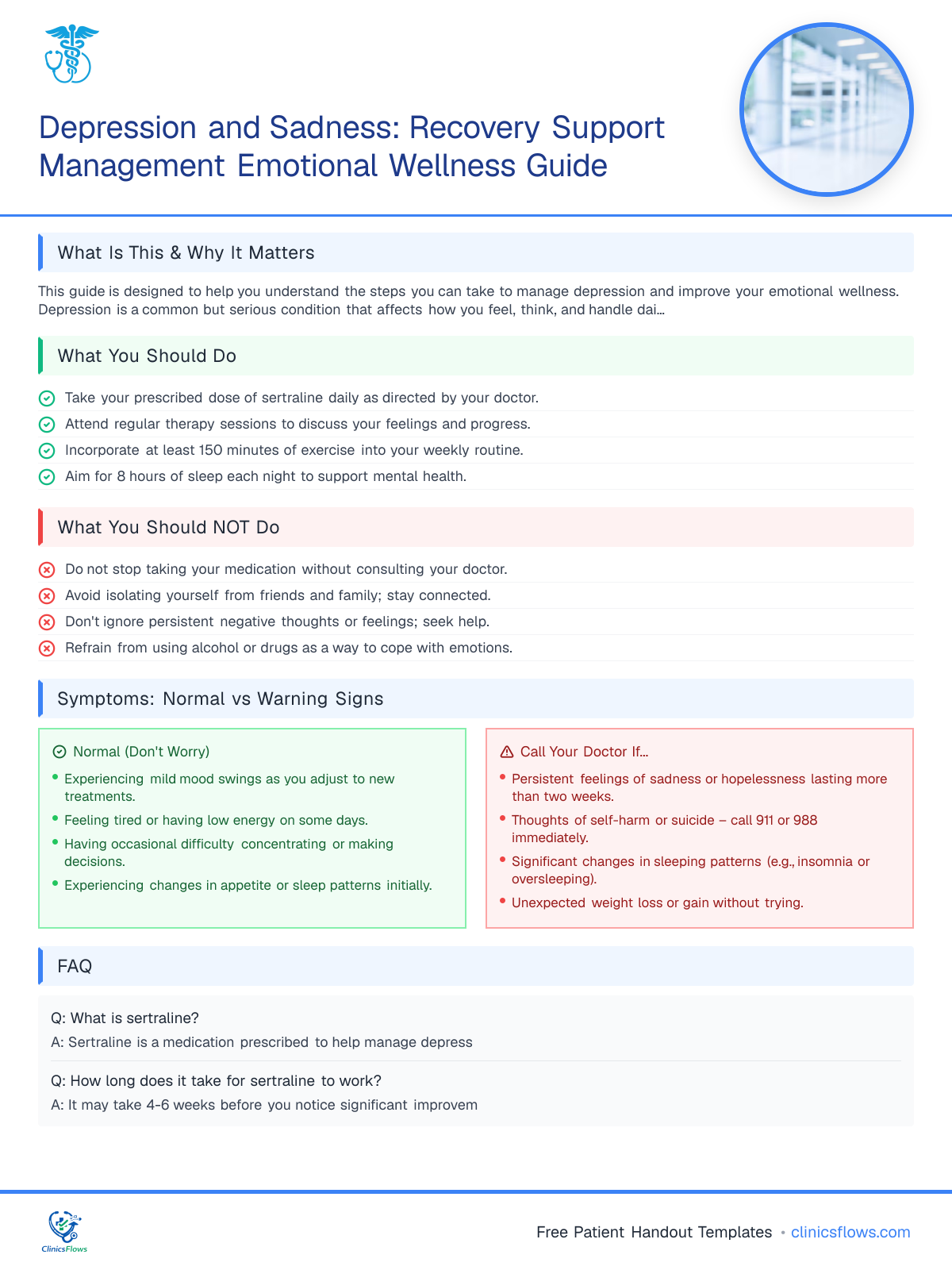 Depression and Sadness: Recovery Support Management Emotional Wellness Guide - patient handout preview