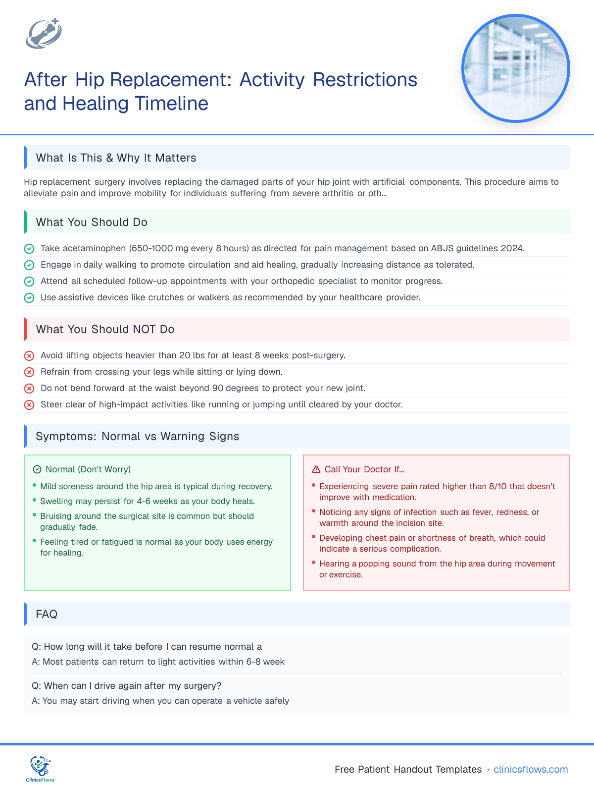 After Hip Replacement: Activity Restrictions and Healing Timeline - patient handout preview