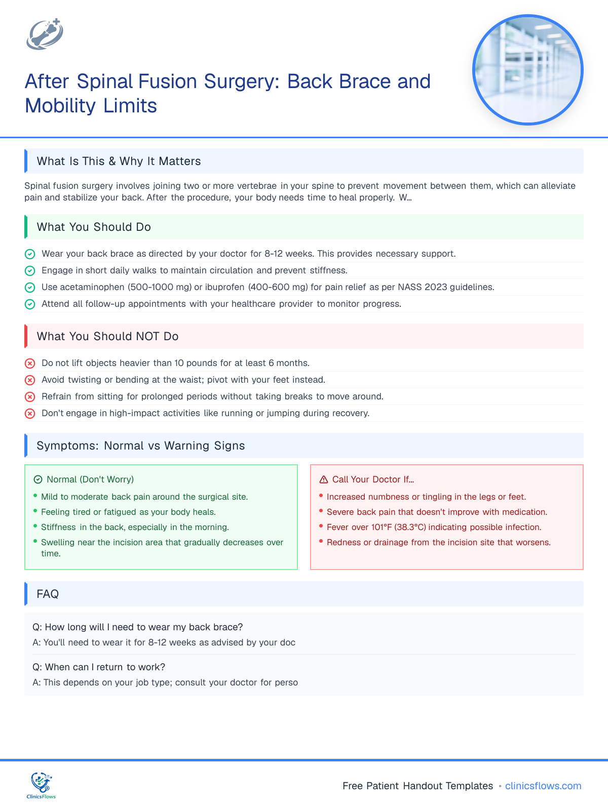 After Spinal Fusion Surgery: Back Brace and Mobility Limits - patient handout preview