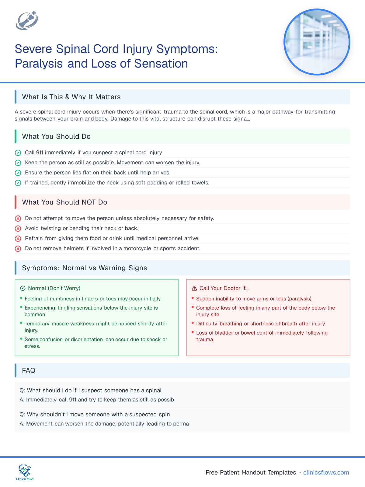 Severe Spinal Cord Injury Symptoms: Paralysis and Loss of Sensation - patient handout preview