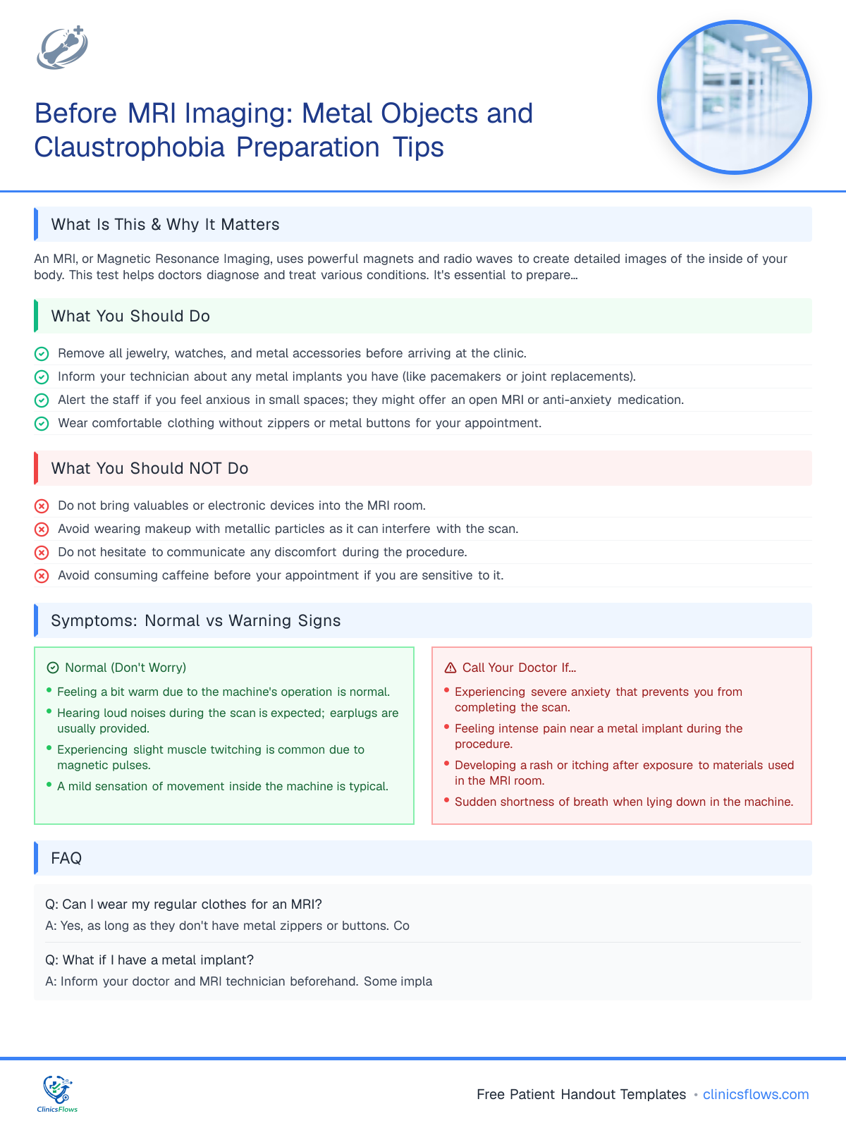 Before MRI Imaging: Metal Objects and Claustrophobia Preparation Tips - patient handout preview