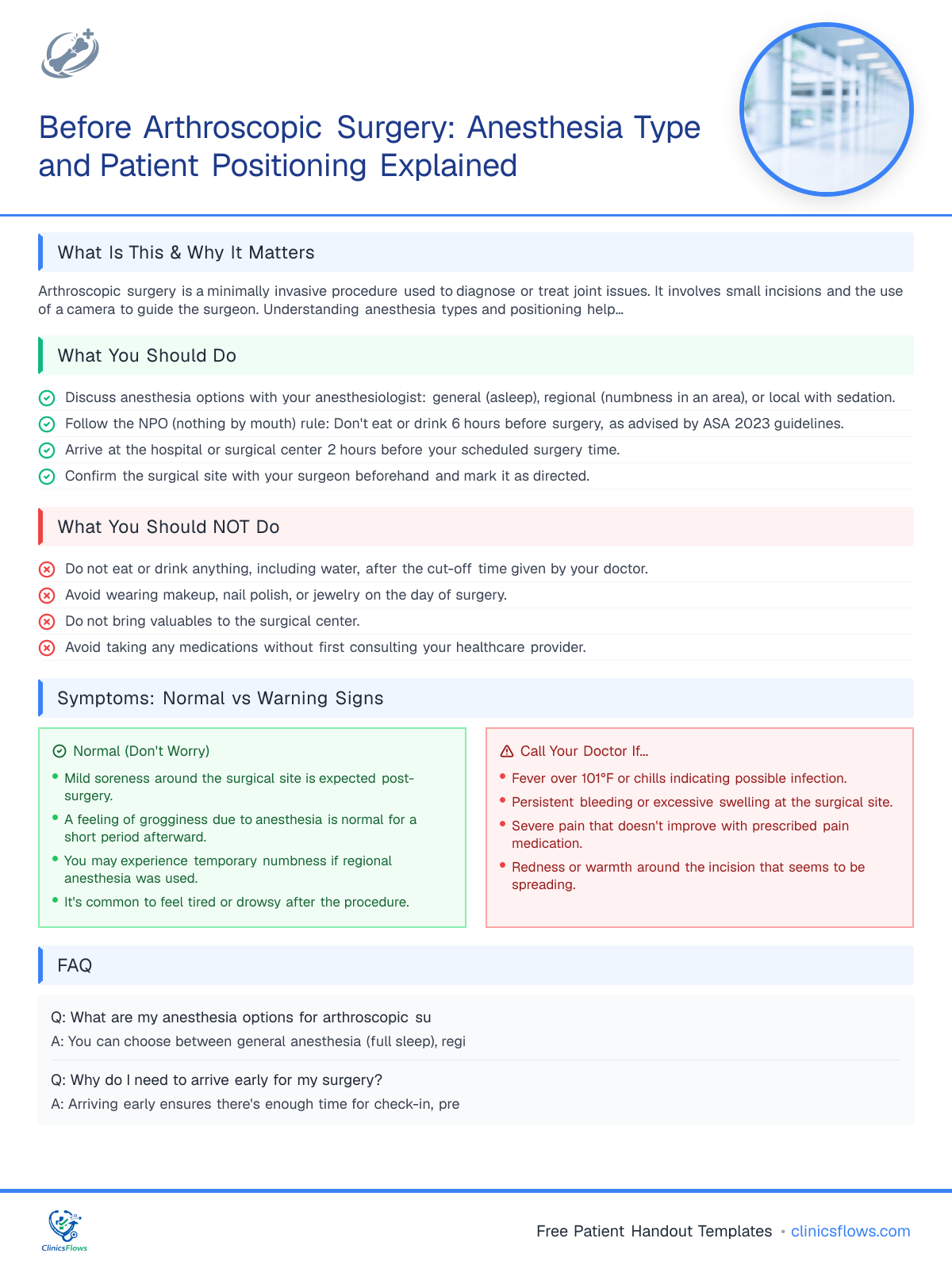Before Arthroscopic Surgery: Anesthesia Type and Patient Positioning Explained - patient handout preview