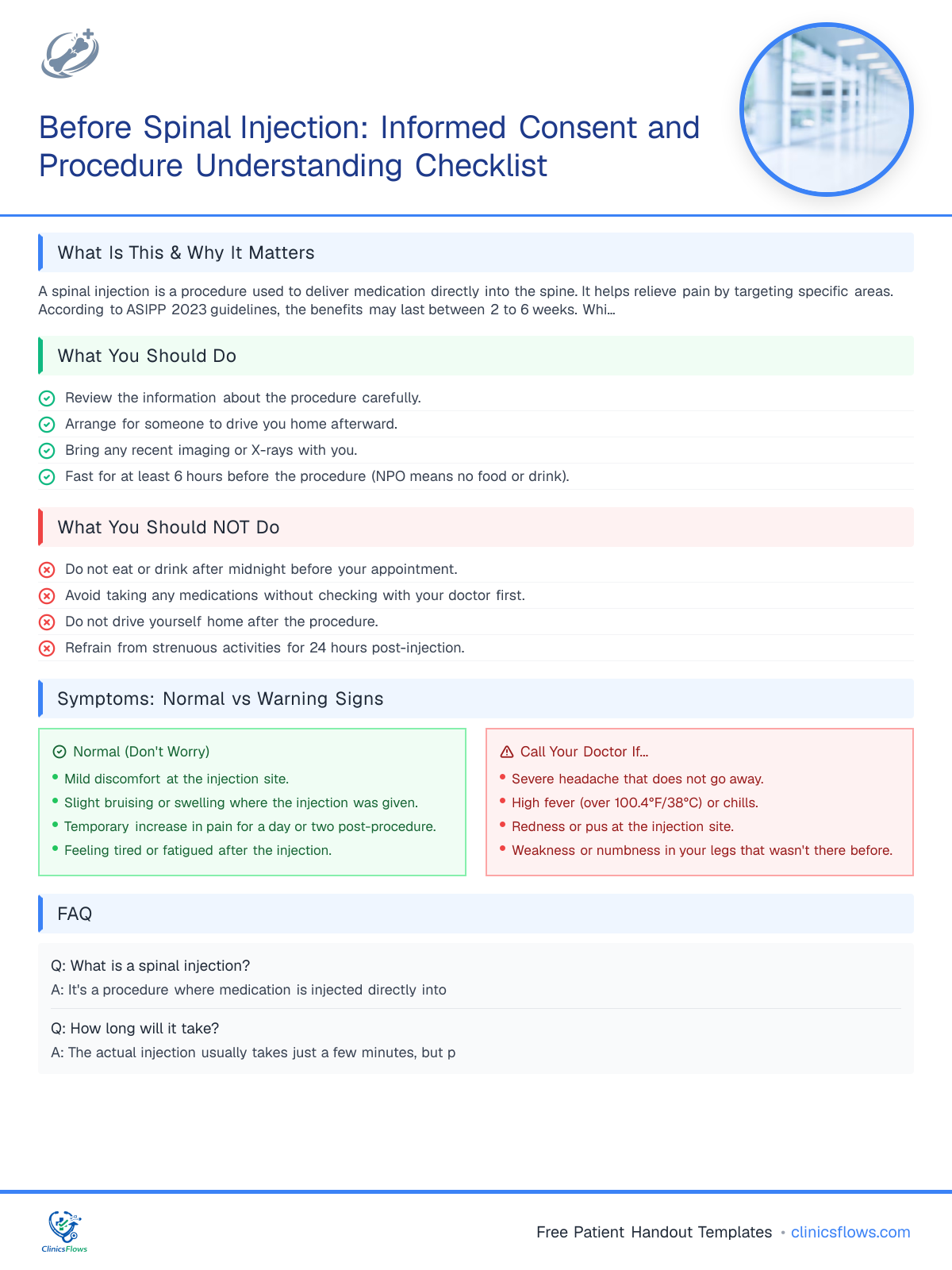 Before Spinal Injection: Informed Consent and Procedure Understanding Checklist - patient handout preview
