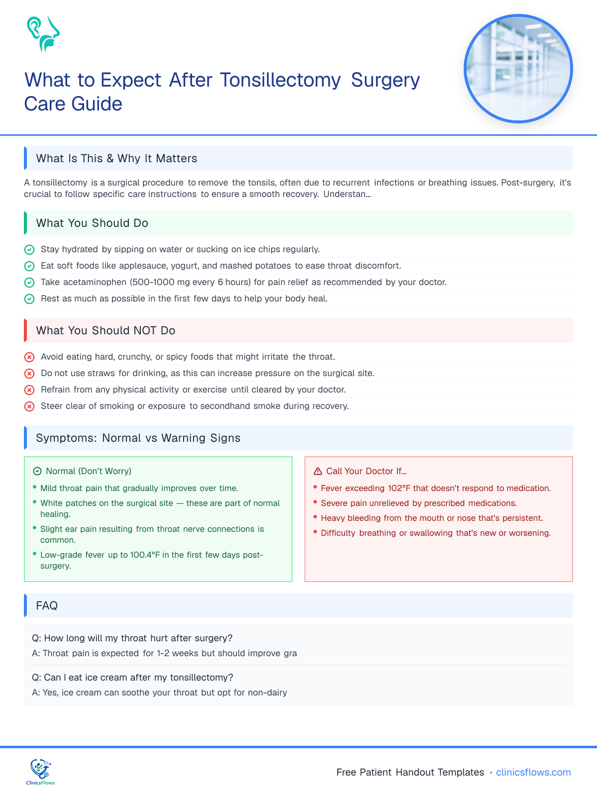 What to Expect After Tonsillectomy Surgery Care Guide - patient handout preview