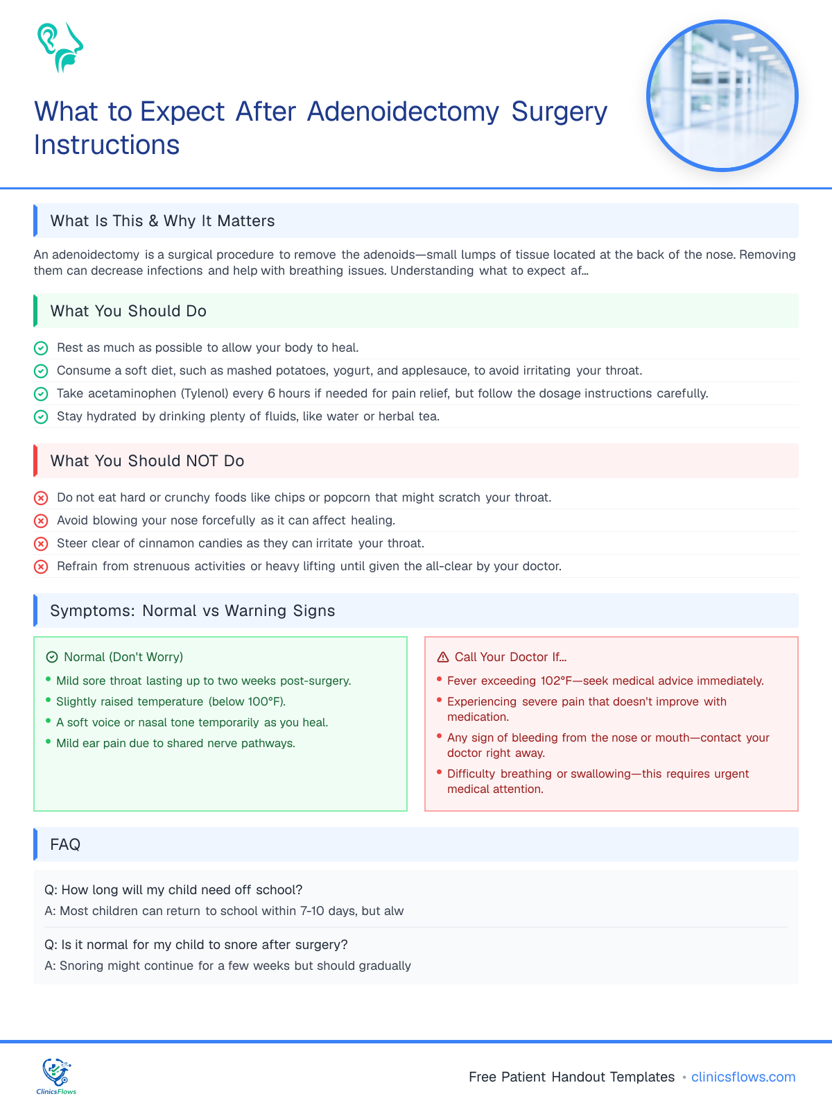What to Expect After Adenoidectomy Surgery Instructions - patient handout preview