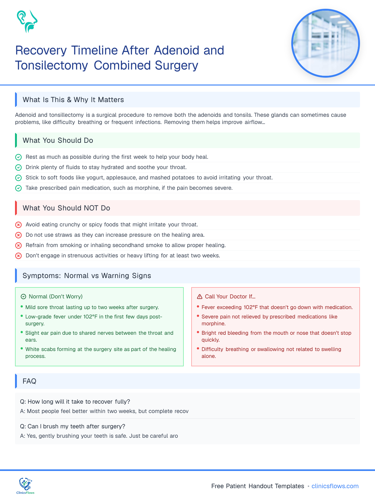 Recovery Timeline After Adenoid and Tonsilectomy Combined Surgery - patient handout preview