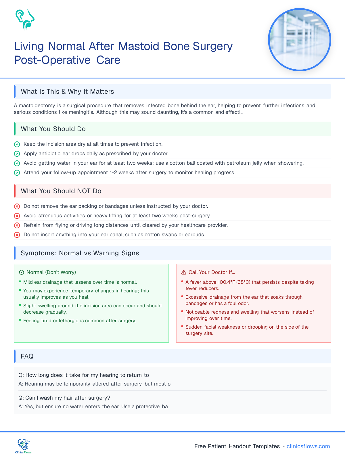 Living Normal After Mastoid Bone Surgery Post-Operative Care - patient handout preview