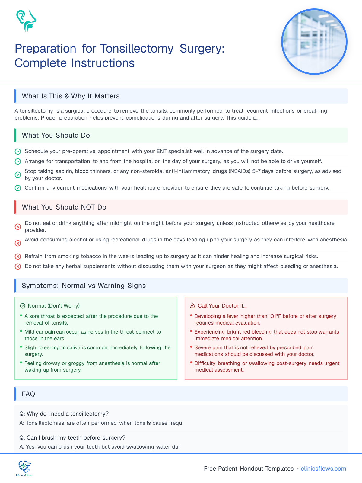 Preparation for Tonsillectomy Surgery: Complete Instructions - patient handout preview