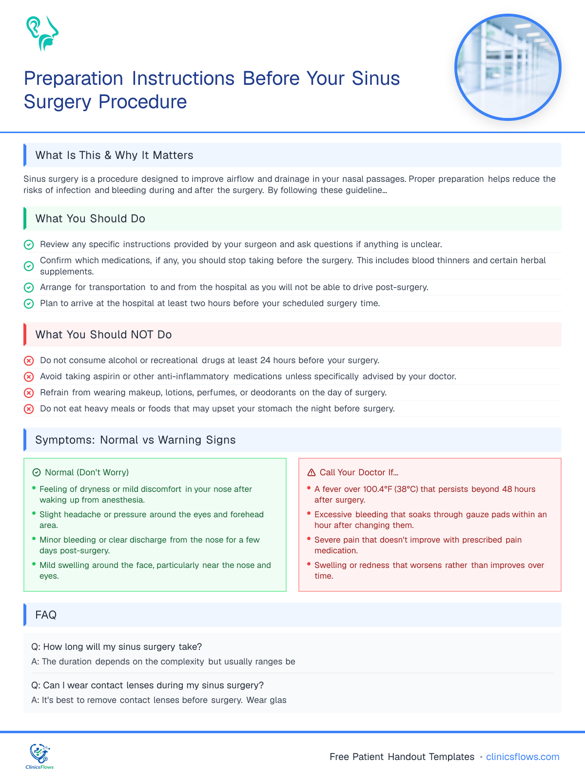 Preparation Instructions Before Your Sinus Surgery Procedure - patient handout preview
