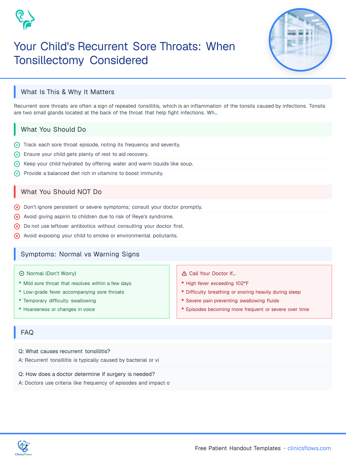Your Child's Recurrent Sore Throats: When Tonsillectomy Considered - patient handout preview