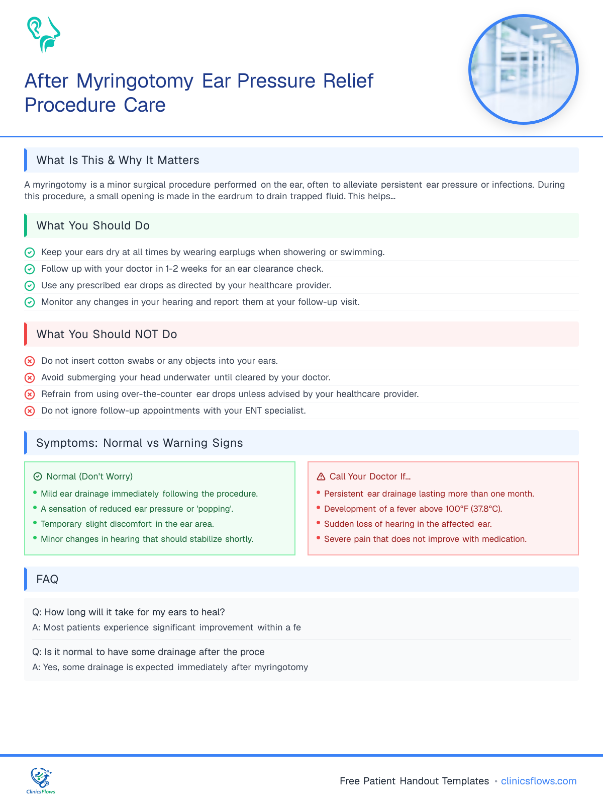 After Myringotomy Ear Pressure Relief Procedure Care - patient handout preview