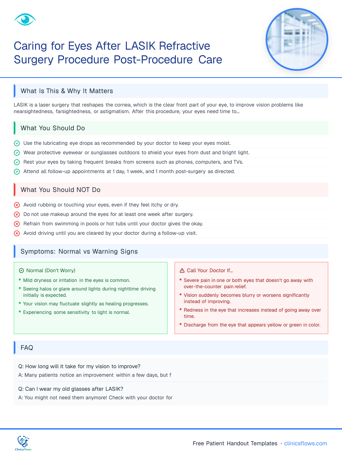 Caring for Eyes After LASIK Refractive Surgery Procedure Post-Procedure Care - patient handout preview