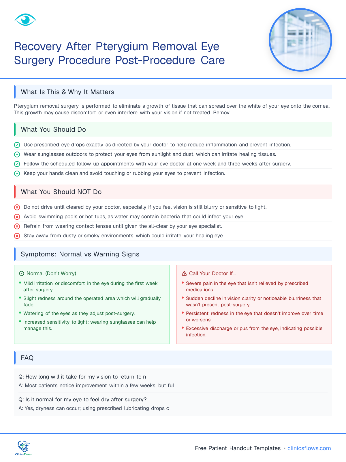 Recovery After Pterygium Removal Eye Surgery Procedure Post-Procedure Care - patient handout preview