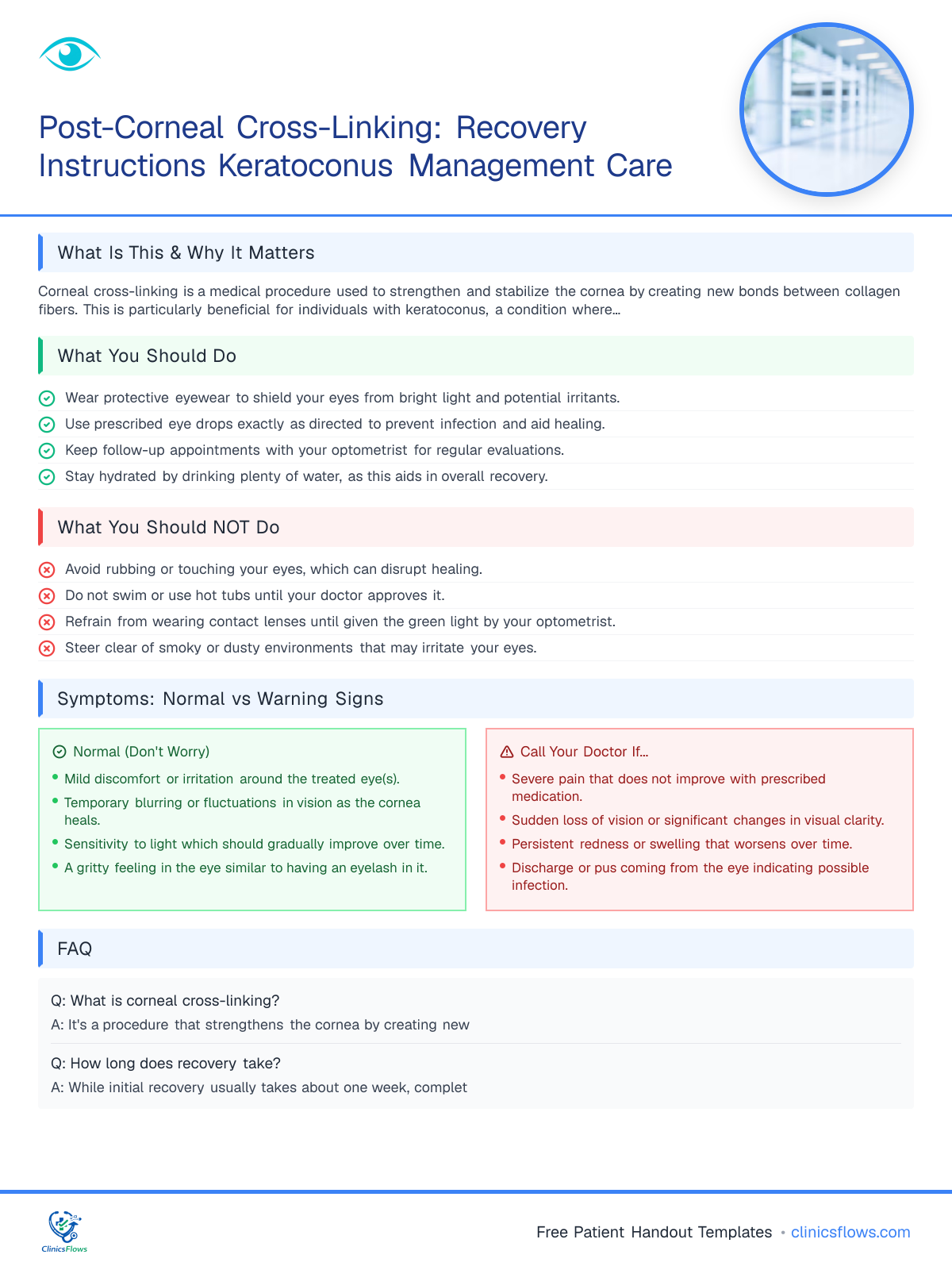 Post-Corneal Cross-Linking: Recovery Instructions Keratoconus Management Care - patient handout preview
