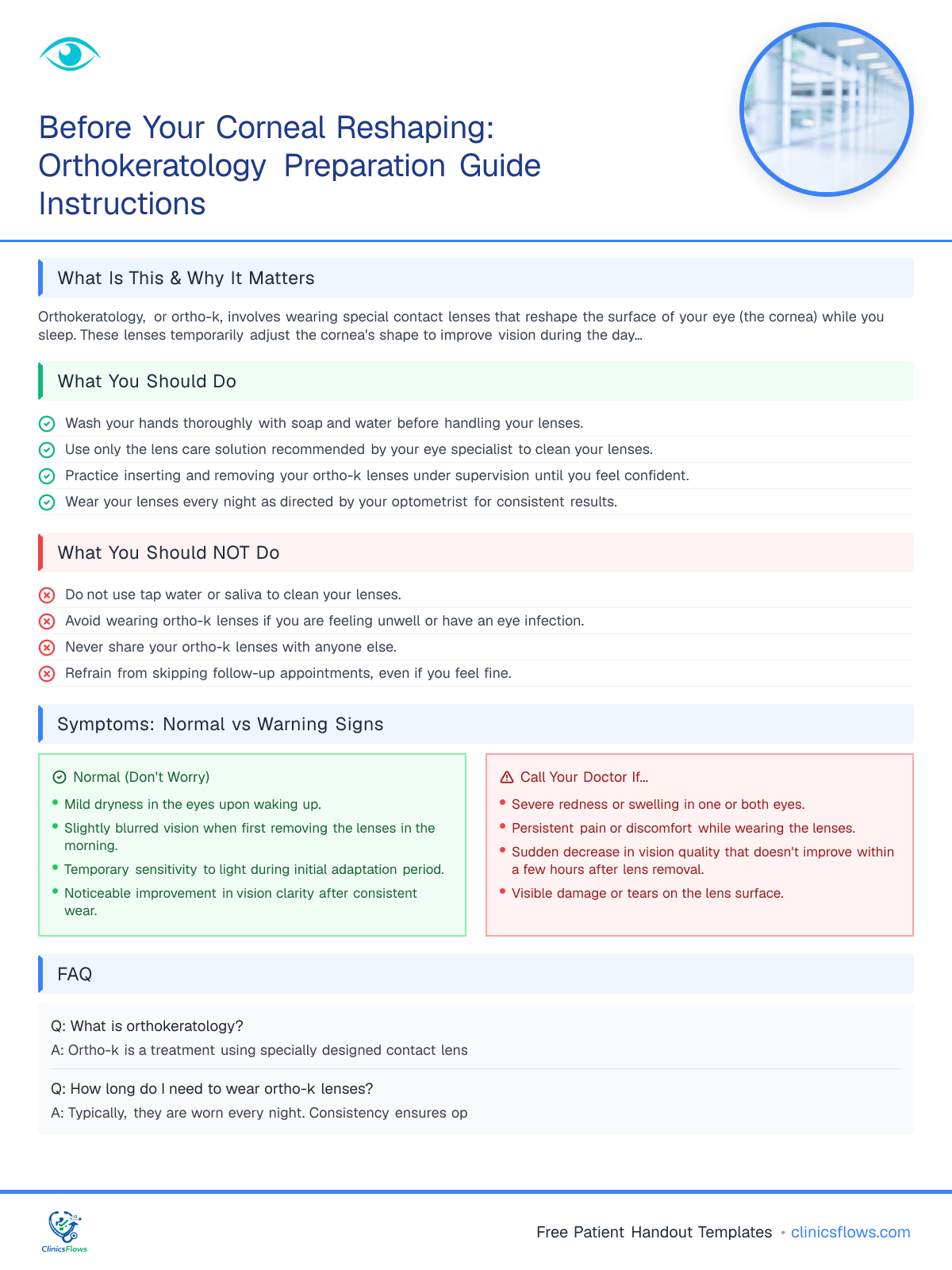 Before Your Corneal Reshaping: Orthokeratology Preparation Guide Instructions - patient handout preview