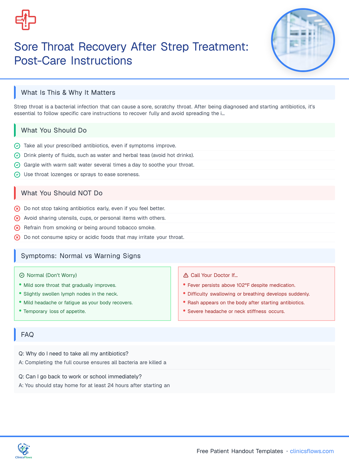 Sore Throat Recovery After Strep Treatment: Post-Care Instructions - patient handout preview