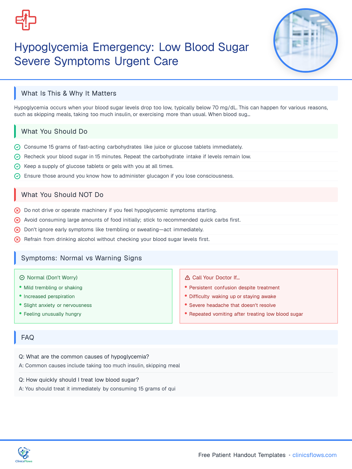 Hypoglycemia Emergency: Low Blood Sugar Severe Symptoms Urgent Care - patient handout preview