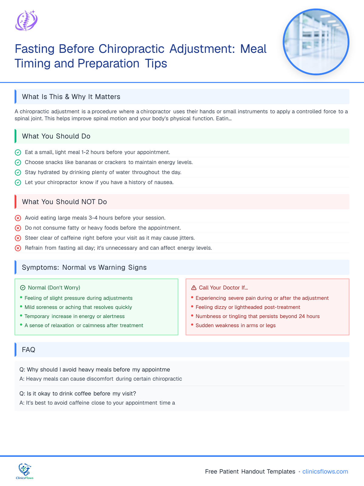 Fasting Before Chiropractic Adjustment: Meal Timing and Preparation Tips - patient handout preview