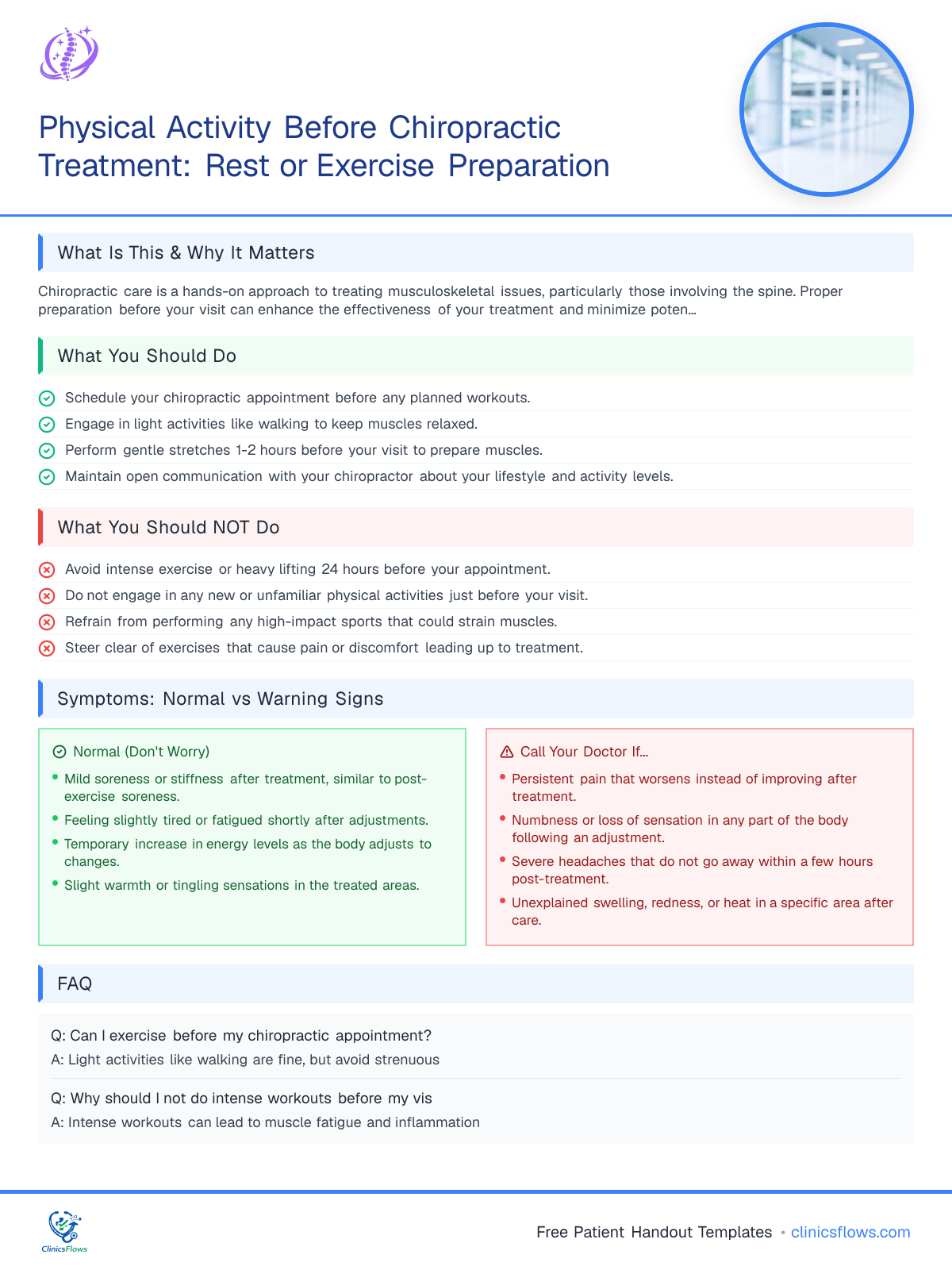 Physical Activity Before Chiropractic Treatment: Rest or Exercise Preparation - patient handout preview