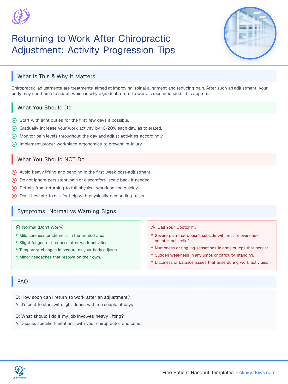 Returning to Work After Chiropractic Adjustment: Activity Progression Tips - patient handout preview