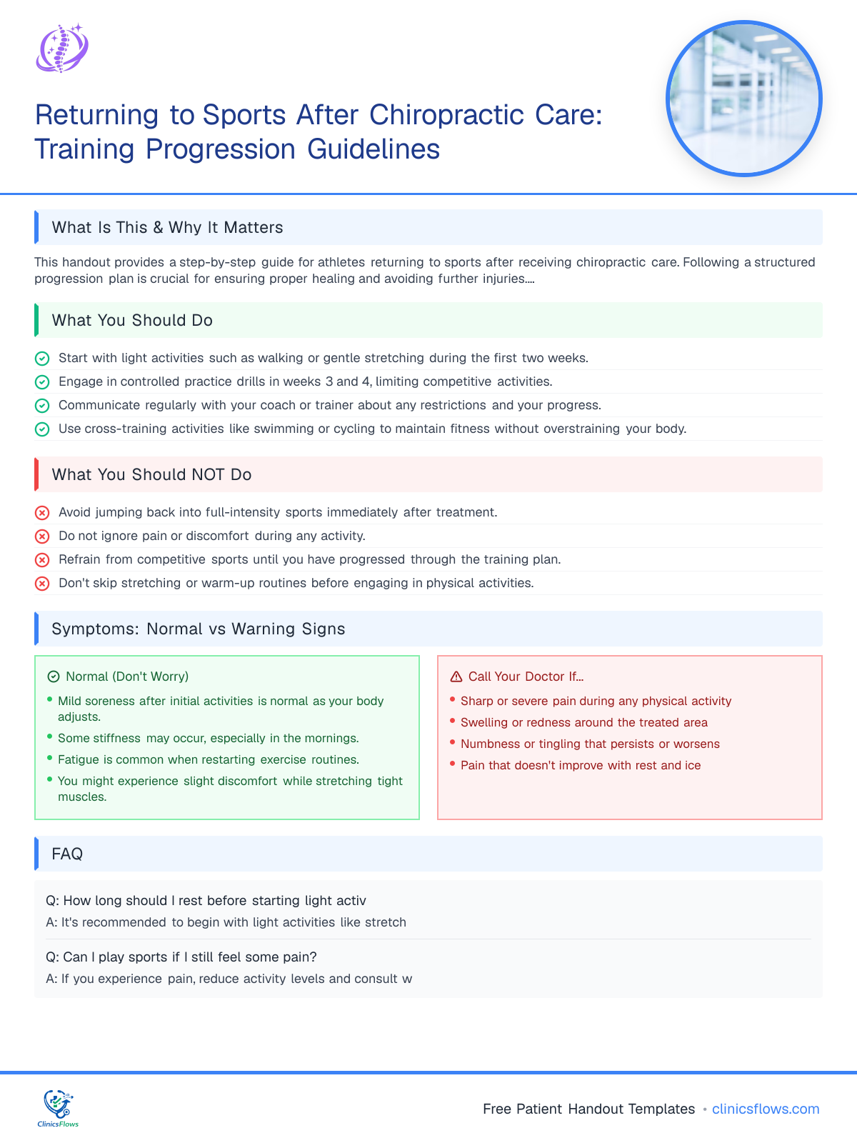 Returning to Sports After Chiropractic Care: Training Progression Guidelines - patient handout preview