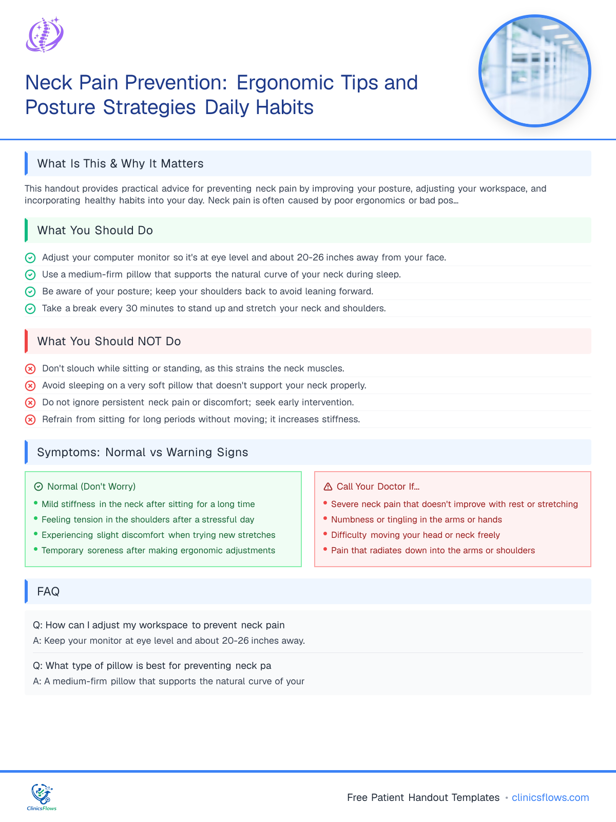 Neck Pain Prevention: Ergonomic Tips and Posture Strategies Daily Habits - patient handout preview