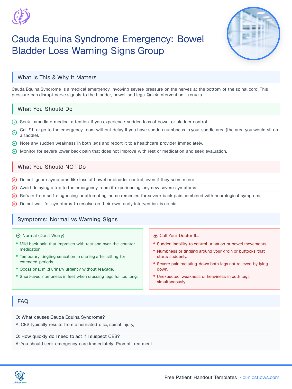 Cauda Equina Syndrome Emergency: Bowel Bladder Loss Warning Signs Group - patient handout preview