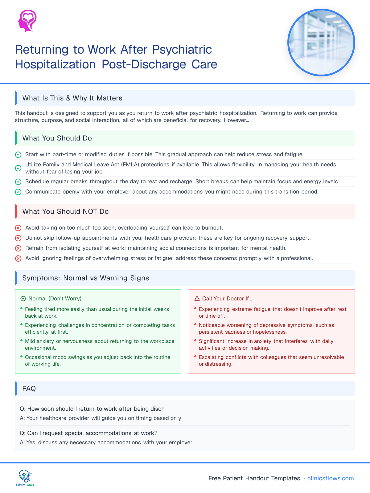 Returning to Work After Psychiatric Hospitalization Post-Discharge Care - patient handout preview