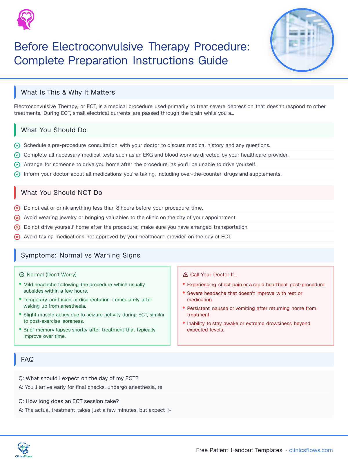 Before Electroconvulsive Therapy Procedure: Complete Preparation Instructions Guide - patient handout preview