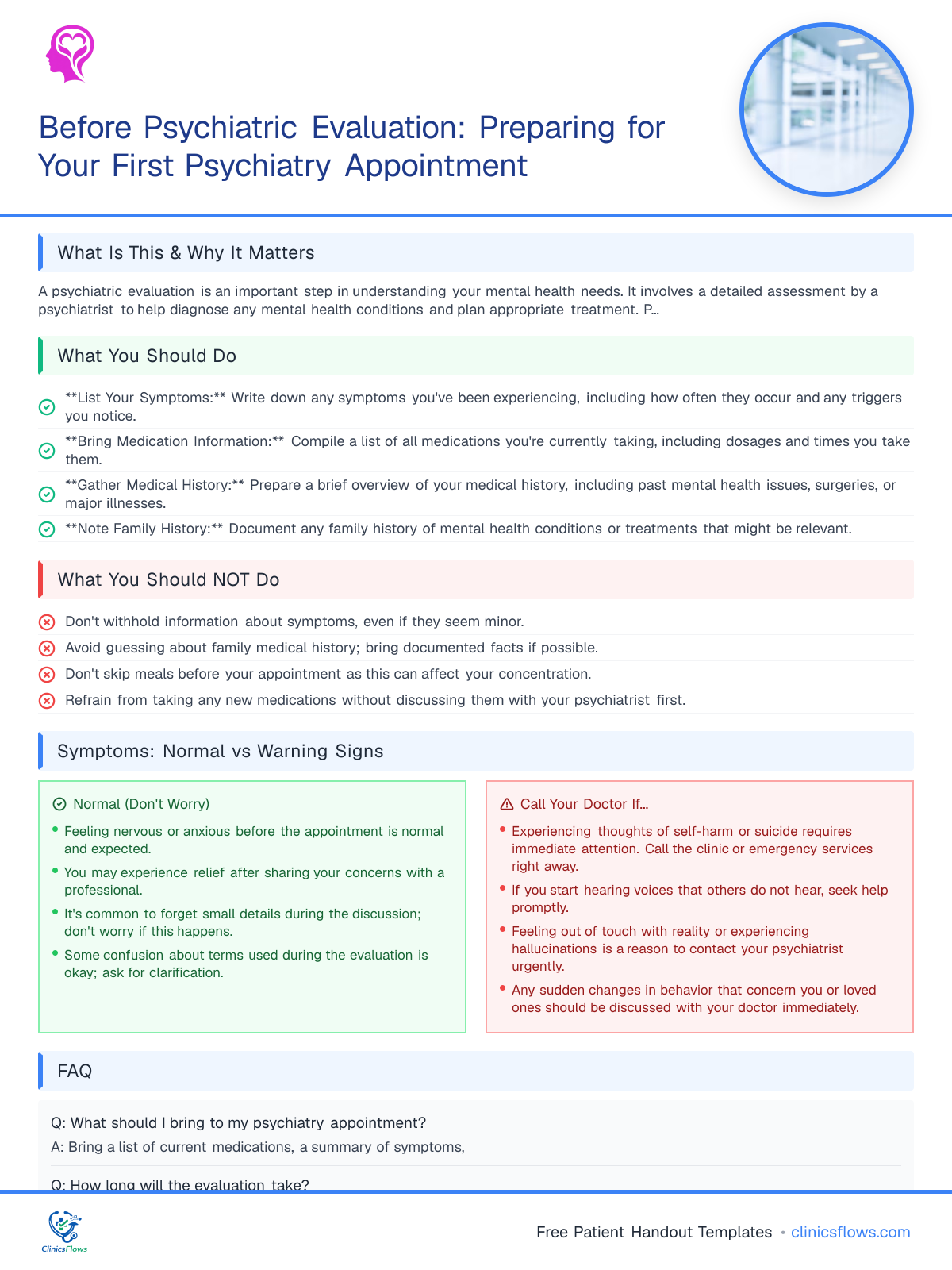 Before Psychiatric Evaluation: Preparing for Your First Psychiatry Appointment - patient handout preview