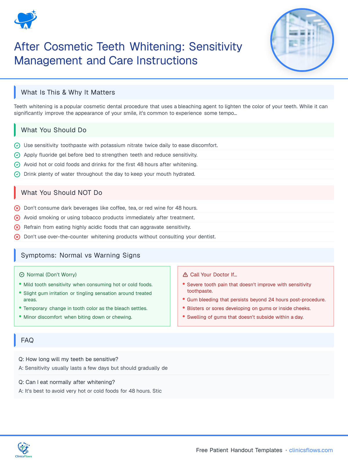 After Cosmetic Teeth Whitening: Sensitivity Management and Care Instructions - patient handout preview